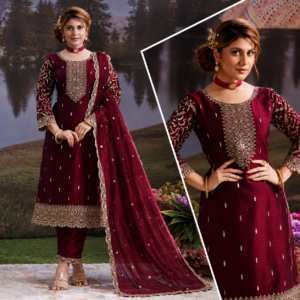 Women’s Maroon Embroidered Roman Silk Suit with Dupatta