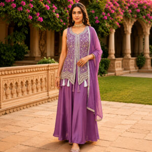 Lavender Embroidered Designer Anarkali Suit with Dupatta for Women