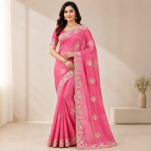 **Women’s Pink Embroidered Designer Saree with Elegant Floral Border – Party Wear & Festive Collection**