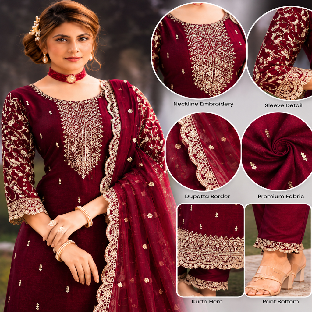 Women’s Maroon Embroidered Roman Silk Suit with Dupatta - Image 2