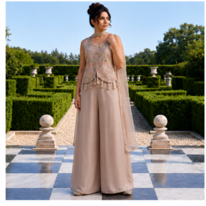 Beige Embroidered Women’s Palazzo Co-Ord Set with Tassel Detail