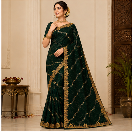 Women’s Dark Green Running Saree with Elegant Golden Border & Wavy Printed Design