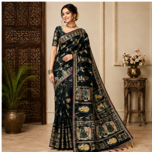 Women’s Green Handcrafted Folk Art Print Saree with Decorative Pallu & Tassel Border