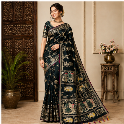 Women’s Green Handcrafted Folk Art Print Saree with Decorative Pallu & Tassel Border